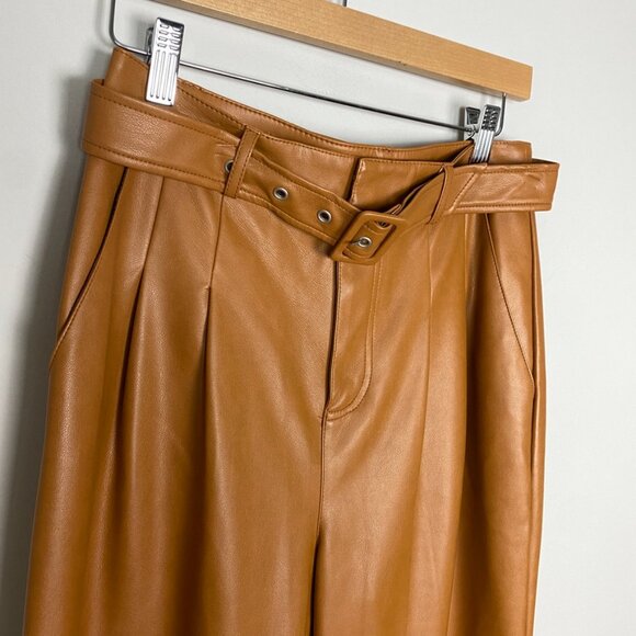 7 For All Mankind Faux Vegan Leather Belted Wide Leg Pants Trousers Camel Color - Picture 2 of 6